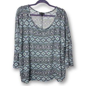 Kristin Nicole 2X Blue Gray Geometric Tribal Lightweight Knit Relaxed Fit Top